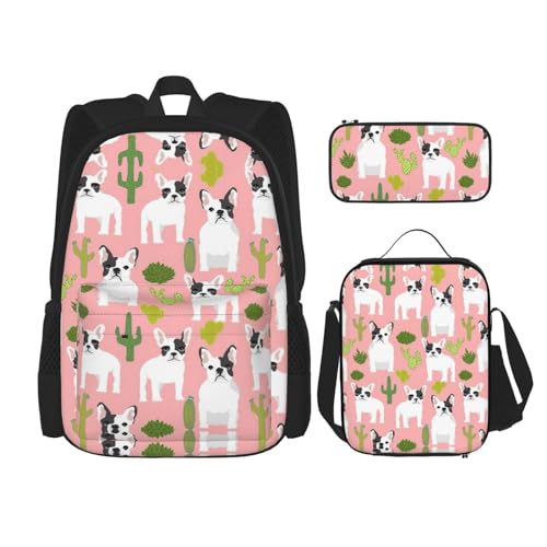 WURTON Schulrucksack-Set mit Kakteen und Hunde-Motiv, 3-in-1 Büchertasche, Set mit Lunchbox, Federmäppchen, Reise, Laptop, Tagesrucksack