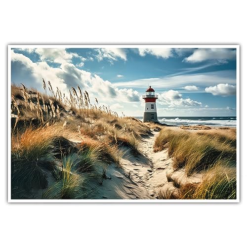 Leuchtturm - Poster - ohne Rahmen - Nordsee, Ostsee, Sylt Wandbild Kunst Druck Bilder Wand Deko Dünen Gras Meer Wohnzimmer (80 x 60 cm, Poster)