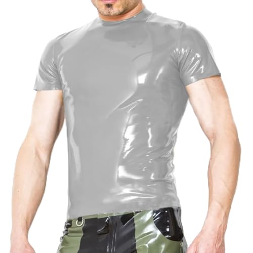 Herren Kunstleder Elastische Stange Bühnenleistung Slim Tops Kleidung Kostüm, Silber, 7XL