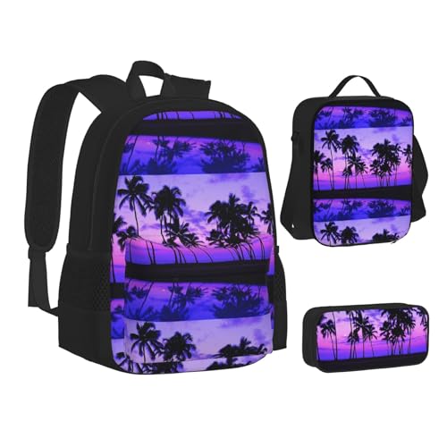 WURTON Büchertasche mit italienischer Flagge, Lunch-Tasche, Federmäppchen, 3-in-1, Schulrucksack-Set, Kinderrucksack, Palme Purple Sunset, Einheitsgröße