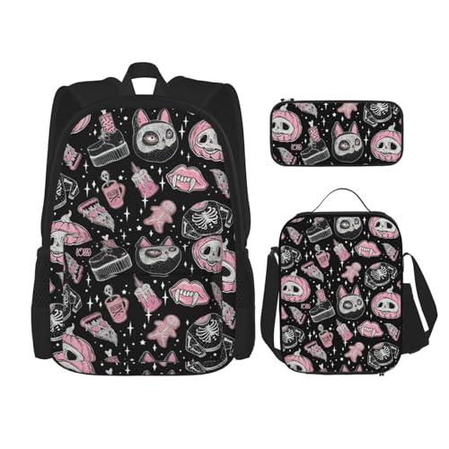 WURTON Halloween Kürbis Katze Druck Verstellbare Schultergurte Rucksack Set Mittagessen Tasche Federmäppchen Kombination Taschen Set