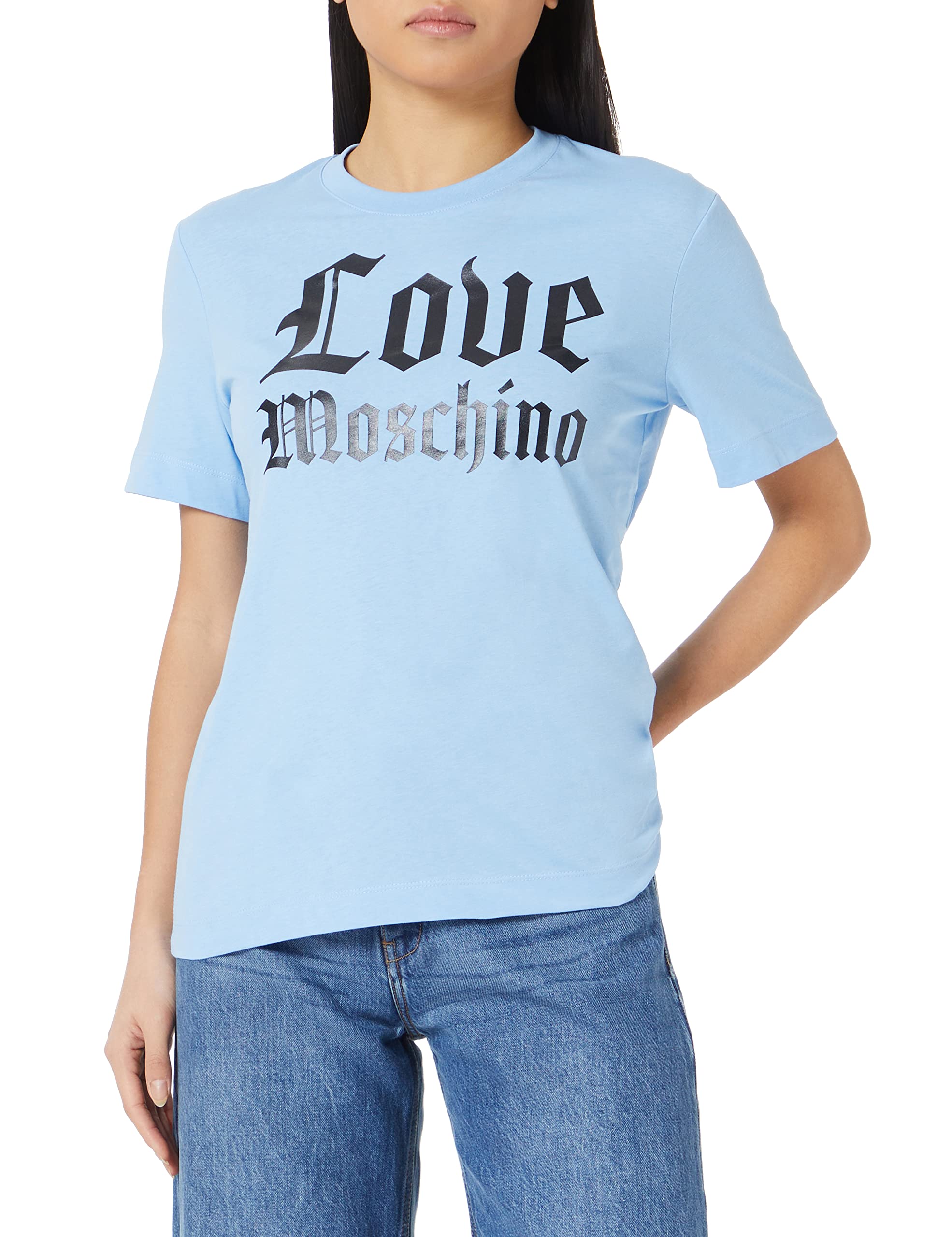 Love Moschino Women's Regular fit Short-Sleeved with Shiny Mylar Gothic Logo Print T-Shirt, Light Blue, 46