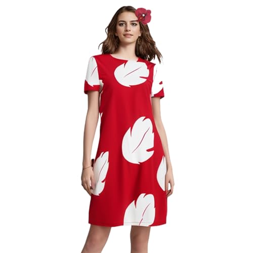 AYYOHON Lilo Cosplay Kostüm Damen Rotes Blatt Kleid Kurzarm Hawaiikleid mit Blume Kopfbedeckung für Halloween Party 2XL