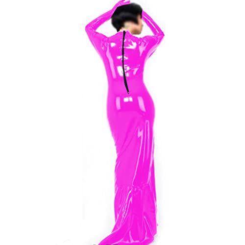 Hoher Ausschnitt Langarm Leder PVC Abendkleider Rückenfrei Partykleider Damen Bademäntel Vestidos,Rosa,XS