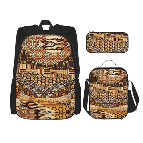 WURTON Afrikanischer Stil Patchwork Print Schule Rucksack 3 in 1 Büchertasche Set mit Lunchbox Federmäppchen Reise Laptop Daypacks