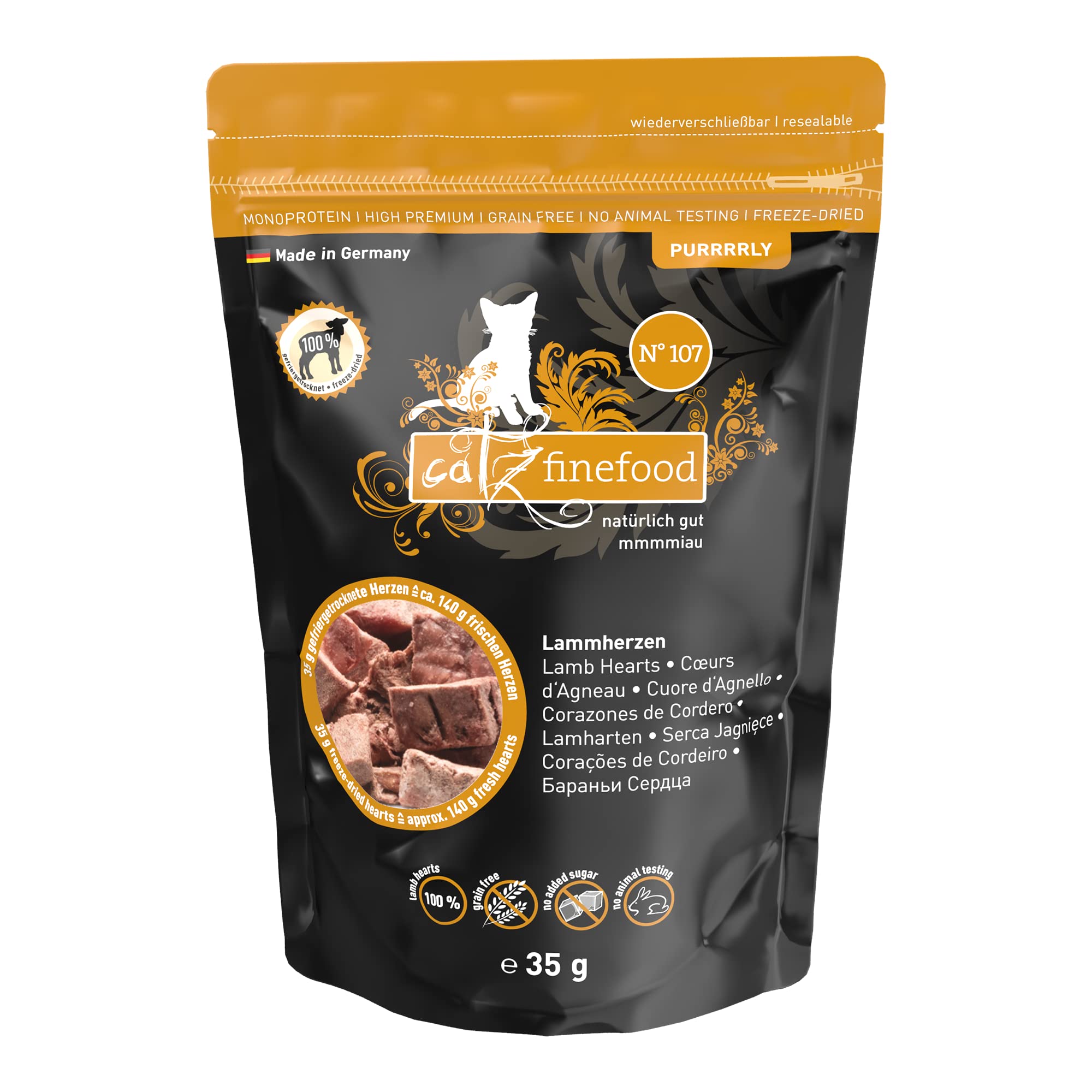 Catz finefood Purrrrly No. 107 Lammherzen, gefriergetrockneter Katzensnack/ Katzenleckerli, 6er Pack (6 x 35 g)