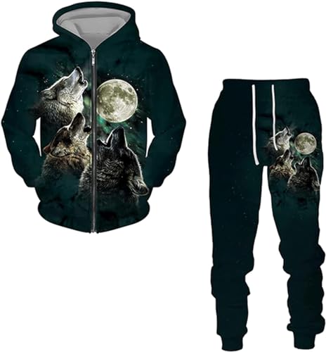 RIAAJ Wolf Herren Langarm Pullover Trainingsanzug 3D Hoodie und Sweatpants Set mit Zipper für Manner (A2,M)