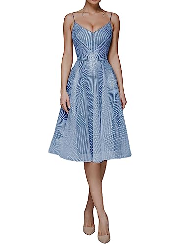 WINDEHAO 2023 Summer Women Fashion V Neck Sling A-Line Dress,Deep V Neck Party Dress,Sexy Halter U Back Evening Dress (Blue,M)