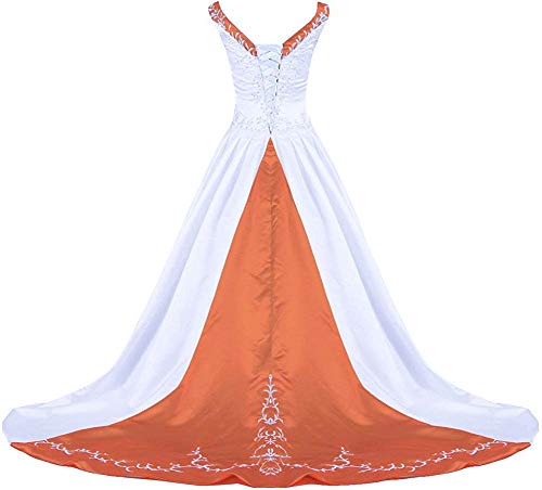 Zorayi Damen V-Ausschnitt Kapelle-Schleppe Perlen Stickerei Satin Hochzeitskleid Brautkleider Weiß & Orange Größe 40