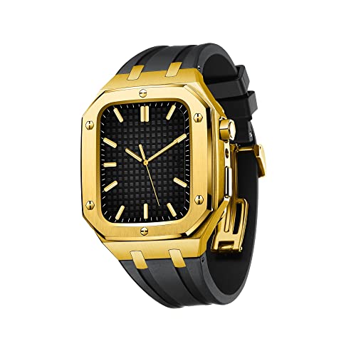 KANUZ Herren und Damen, Militär-Metallgehäuse für Apple Watch, 45 mm, 44 mm, Silikonband, stoßfest, Stoßstange, Business-Casual-Stil, Uhrenarmband für iWatch Serie 7/SE/6/5/4 (Farbe: Gold-Schwarz,