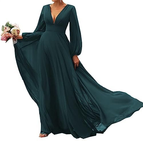 SAMHO Damen Lange Ärmel Brautjungfer Kleider V-Ausschnitt Chiffon A Linie Formale Kleid Abendkleider mit Zug, pfau, 38