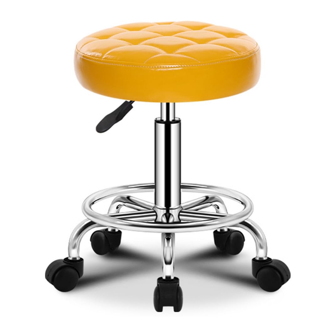 ZHOUXIAO PU Leder Rund Rolling Stool Shop Bar Hocker mit Rädern, Schwenkhöhenanpassung Rollinghocker mit Rädern Spa -Zeichnungs Salon Tattoo Office Massage Stuhl Kissen Yellow