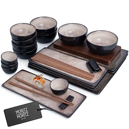 Moritz & Moritz VIDA 29-TLG. Sushi Geschirr Set für 4 Personen - Sushi Servierset mit 3X Sushi-Platte - 4X Sushi-Teller, Miso-Schale, Schälchen und Stäbchen