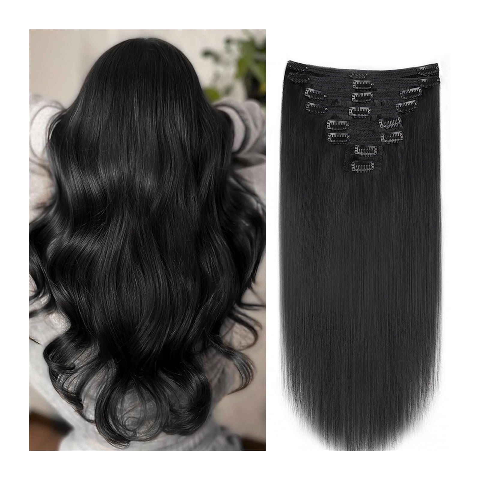 Clip-in-Haarverlängerungen Gerade Clip-in-Haarverlängerungen, Echthaar, doppelter Schuss, brasilianisches Haar, Naturschwarz, 1B, voller Kopf, 120 g, 8 Stück, Echthaar-Clip-in-Verlängerungen, 40,6–66