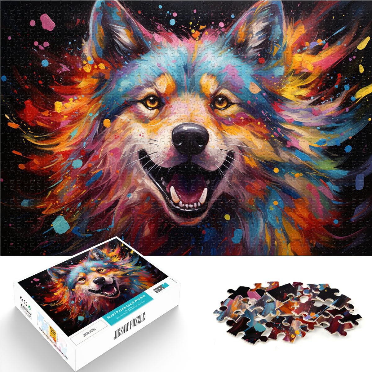 Puzzle für farbenfrohes psychedelisches Husky-Gemälde, Puzzle für Erwachsene, 1000 Teile, Holzpuzzle für Familienaktivitäten, Puzzle 1000 Teile (50 x 75 cm)