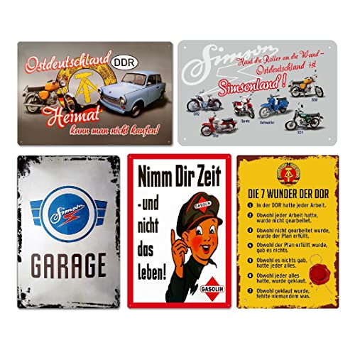 5er Set - Simson DDR Retro Blechschild 20x30cm - Motorrad Auto Garage Motoröl - Metallschild Wandschild Wanddekoration - Nostalgie Schild Deko Geschenk