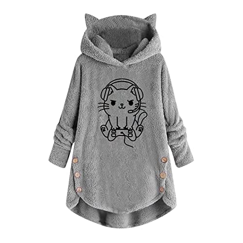 Wintermantel Damen Warm Plüsch Mantel Mädchen Plüschjacke Katze Aufdruck Fleece Hoodie Pullover mit Katzenohren Kapuze Winter Warmer Langarm Winterjacke Oversized Kapuzenpullover Winterpulli