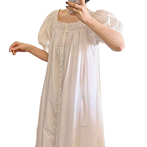 BANLUX Damen Nachthemd - Baumwolle Quadratkragen Kurzarm Langes Nachthemd Frauen Retro Palace Prinzessin Nachthemd Puffärmel Lockere Robe, Stil A, M