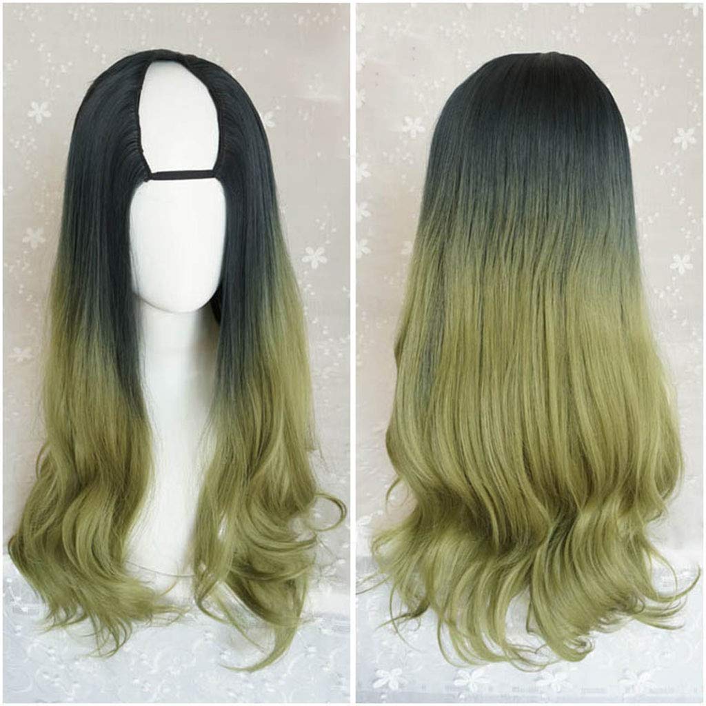 LINLINCD-Harajuku Fashion Long Wavy Curly Fluffy U-Shaped Wigs Heat Resistant Synthetic Fiber Ombre Mixed Gradient Dark Roots Hair for Girls 28inches/ 70cm