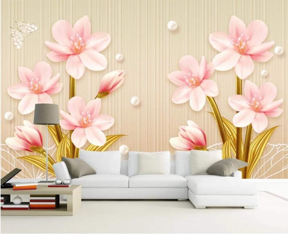 Rosa Blumen Schmetterlinge Goldene Blätter 3D Tapete Poster Restaurant Schlafzimmer Wohnzimmer Sofa TV Dekorative Wand-150cm×105cm