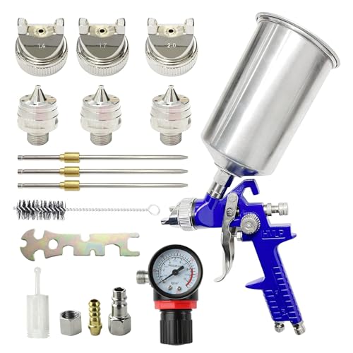 Awsuc HVLP Lackierpistole Spritzpistole 3 Düsen 1,4mm 1,7mm 2,0mm und 1000 ml Aluminium Tasse,Farbsprühsysteme mit einem Luftdruckregler,Farbspritzpistole kann für Autos,Möbel (Blau)