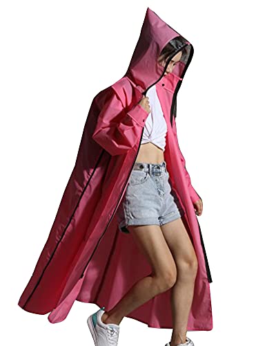 YOUCAI Damen Herren Extra Lange Regenjacke Regenponcho Regenbekleidung mit vollem Reißverschluss, Wiederverwendbar Einfarbig Regenmantel Funktionsjacke mit Kapuze und Elastische Ärmeln Rosa 3XL