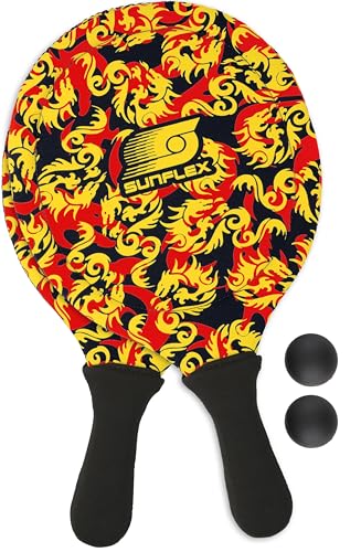 Sunflex® Neopren Beachball Set Flames Dragon mit zwei Schlägern und zwei Bällen|weich und leicht|extrem robust und wasserfest | Schlägerspiel für Strand und Wiese