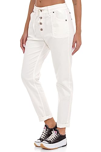 Cipo & Baxx Damen Chino-Hose, Lässige Passform Freizeit Hose, Knöpfen Versehen Design, 97% Baumwolle Hose für Frauen, Casual Klamotten für Teenager Mädchen, WD508, White, W29 L32