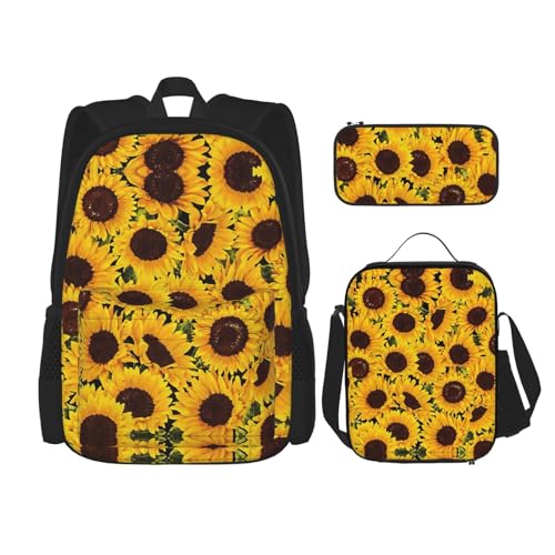 WURTON Rucksack mit Sonnenblumen-Druck, 3-in-1, Büchertasche, Lunchbox, Federmäppchen, Reise-Laptop, Tagesrucksack, Gelb