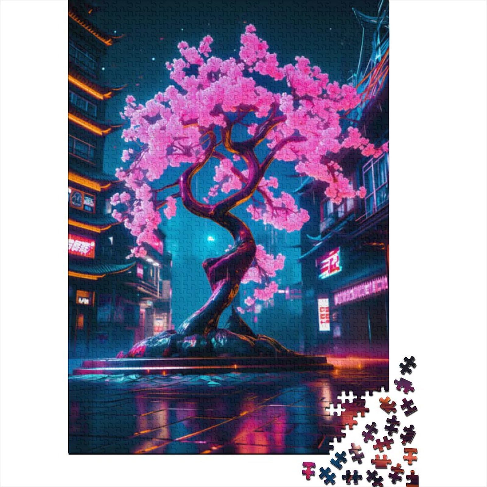 Fantasy Neon Cherry Bloss Holzpuzzle für Erwachsene und Jugendliche, 1000 Teile, Puzzle für Erwachsene und Jugendliche, Stressabbau, schwierige Herausforderung, 29,53 x 19,69 Zoll