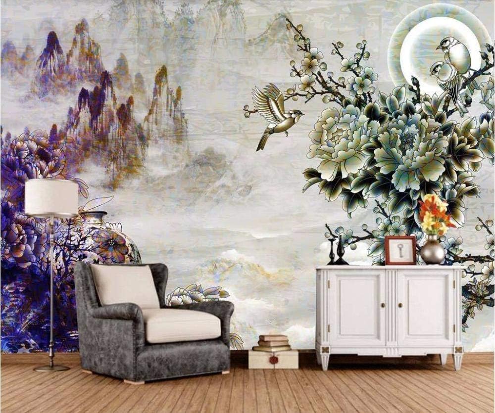 Tusche Und Lavierung Berg Vogel Pfingstrose Mond 3D Tapete Poster Restaurant Schlafzimmer Wohnzimmer Sofa TV Dekorative Wand-350cm×256cm