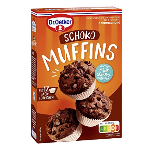 Dr. Oetker Muffins Schoko, 4er Pack (4 x 345 g), Backmischung für Rührteig mit Schokotropfen, zum Zubereiten von 12 schokoladigen Muffins, inkl. Papierbackförmchen