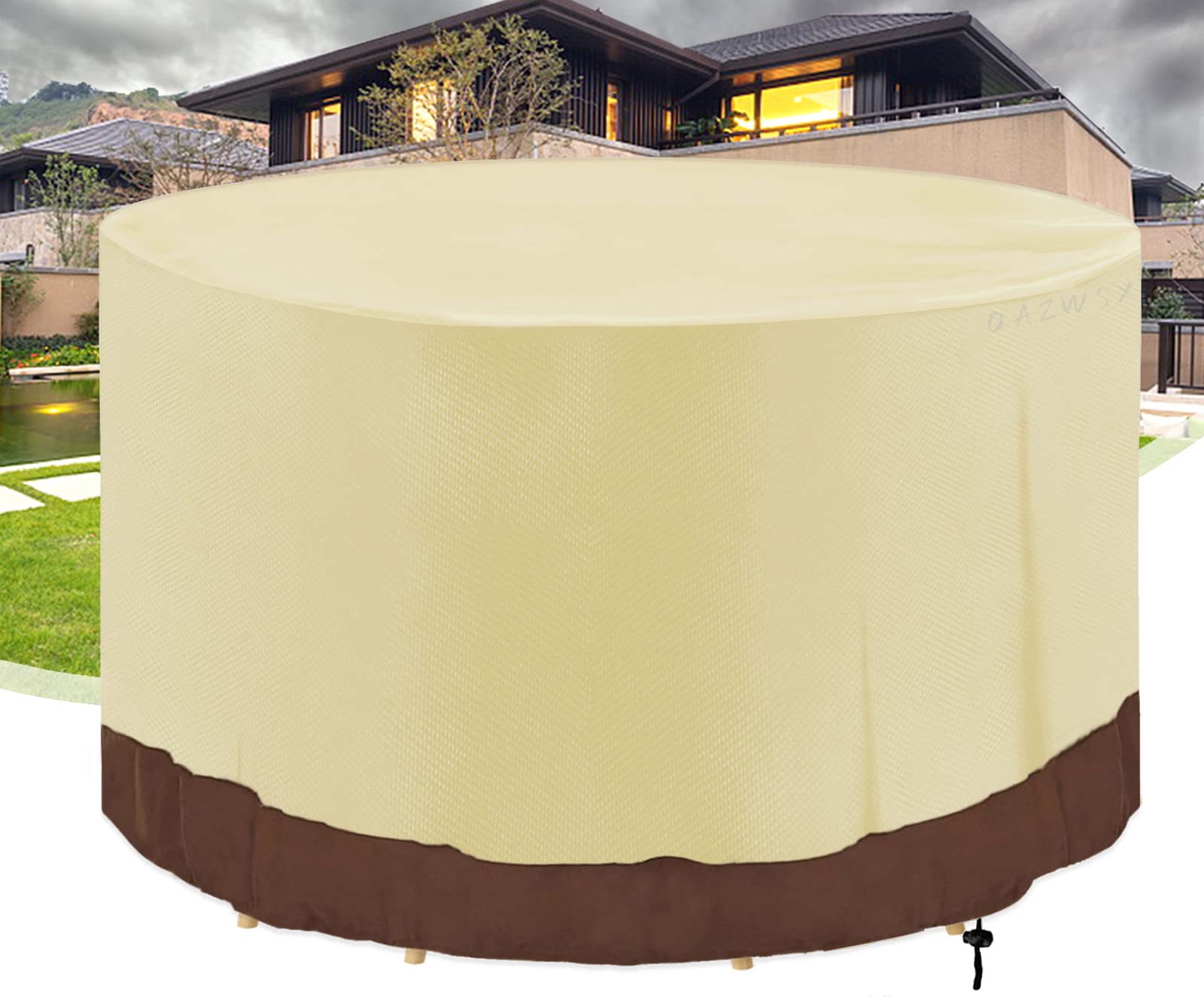 Gartenmöbel Abdeckung,Rund 420D Oxford Gewebe Schutzhülle Gartentisch Alle Größen,Abdeckhaube Sitzgarnituren Wasserdicht Winddicht Staubfest Anti-UV,für Patio- Beige Brown|| 210x145cm(82"Øx57"H)