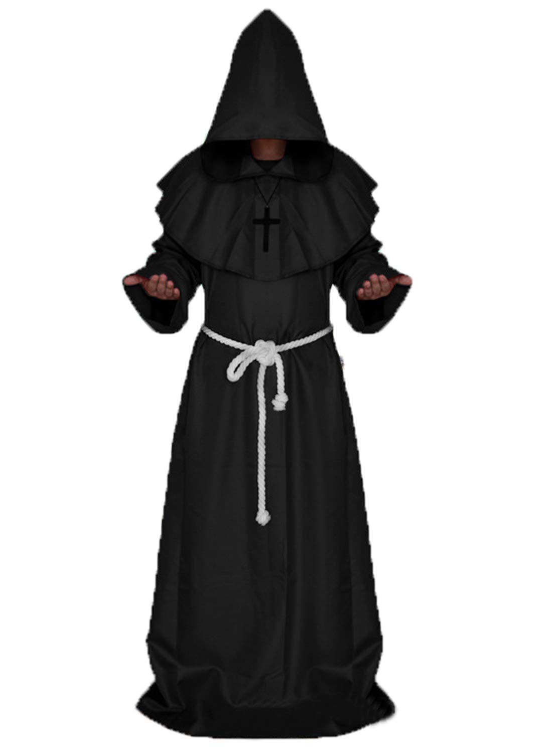 Mittelalterliches Priesterkostüm Herren Cosplay Halloween Outfit Mönchskostüm Erwachsene Umhang mit Kapuze Zauberer Priesterrobe für Karneval Gotik Renaissance Zauberer Ritter(S,Schwarz)