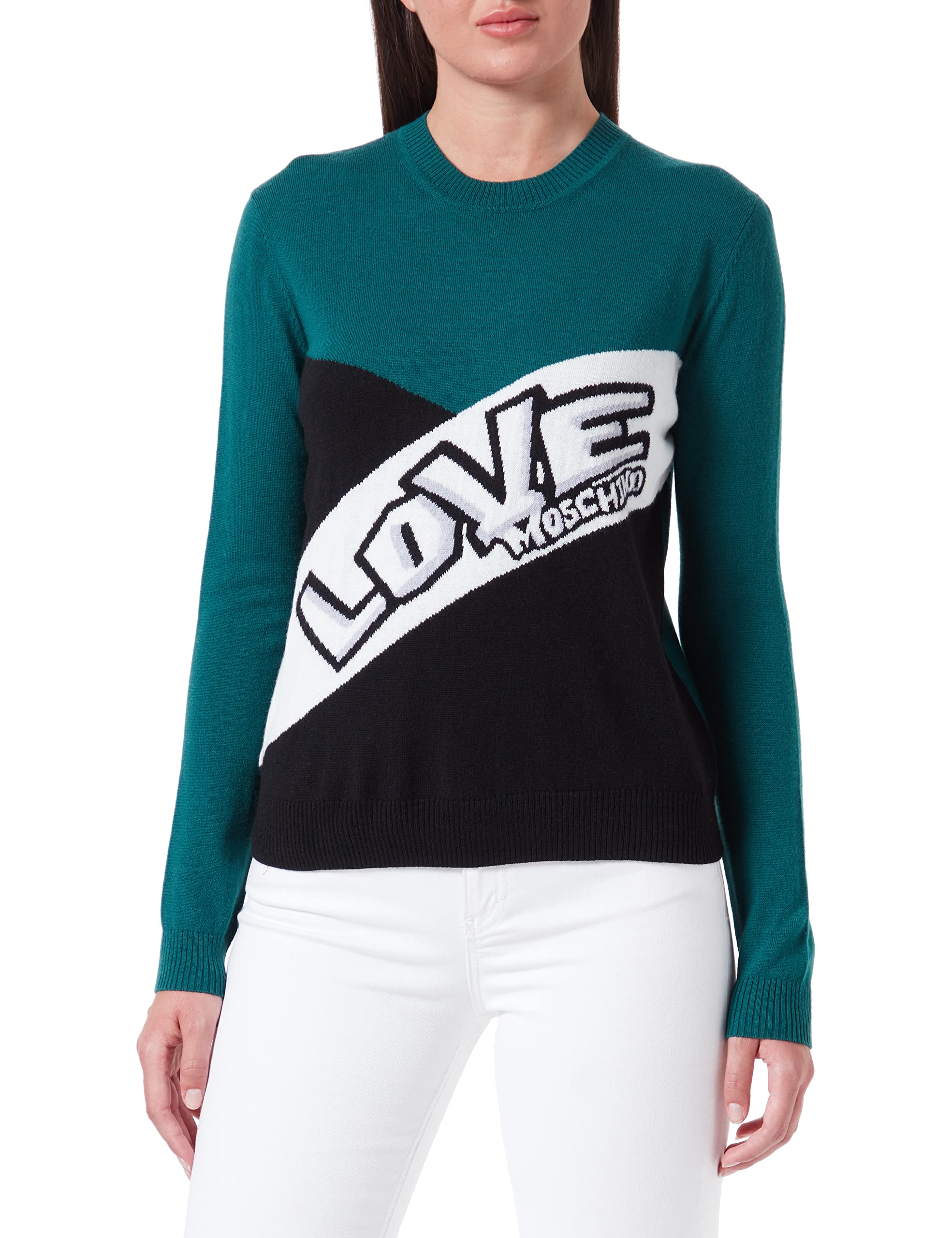 Love Moschino Damen Regular Fit Long-sleeved With Contrasting Colour Inserts pullover, Black Green White, 40 EU