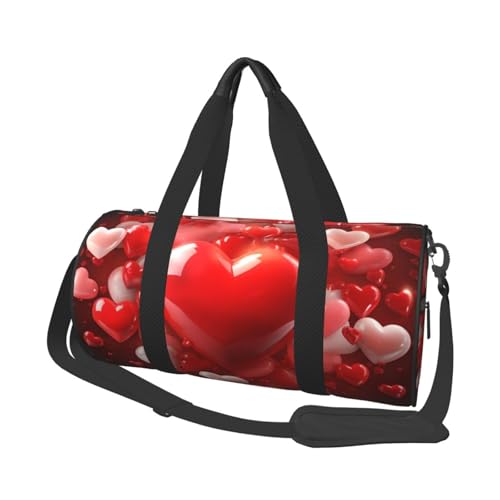 Love Red Hearts Reisetasche, Handgepäcktasche, Wochenendtasche, Übernachtungstasche, Sport, Turnbeutel für Damen und Herren, faltbar, runde Reisetasche für Reisen, Sport, Fitnessstudio, Schwarz,