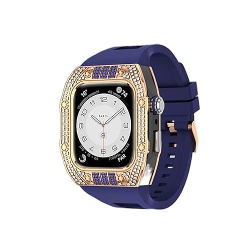 KANUZ Luxus-Diamant-Gehäuse-Modifikationsset für iWatch 8, 7, 6, SE, 5, 4, Gummiband, 44 mm, 45 mm, für Apple Watch, Metallbeze-Uhrenarmband (Farbe: Diamant-Blau, Größe: 45 mm)