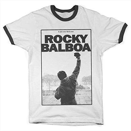 Rocky Offizielles Lizenzprodukt Balboa - It Ain't Over Ringer Herren T-Shirt (Weiß-Schwarz), Large