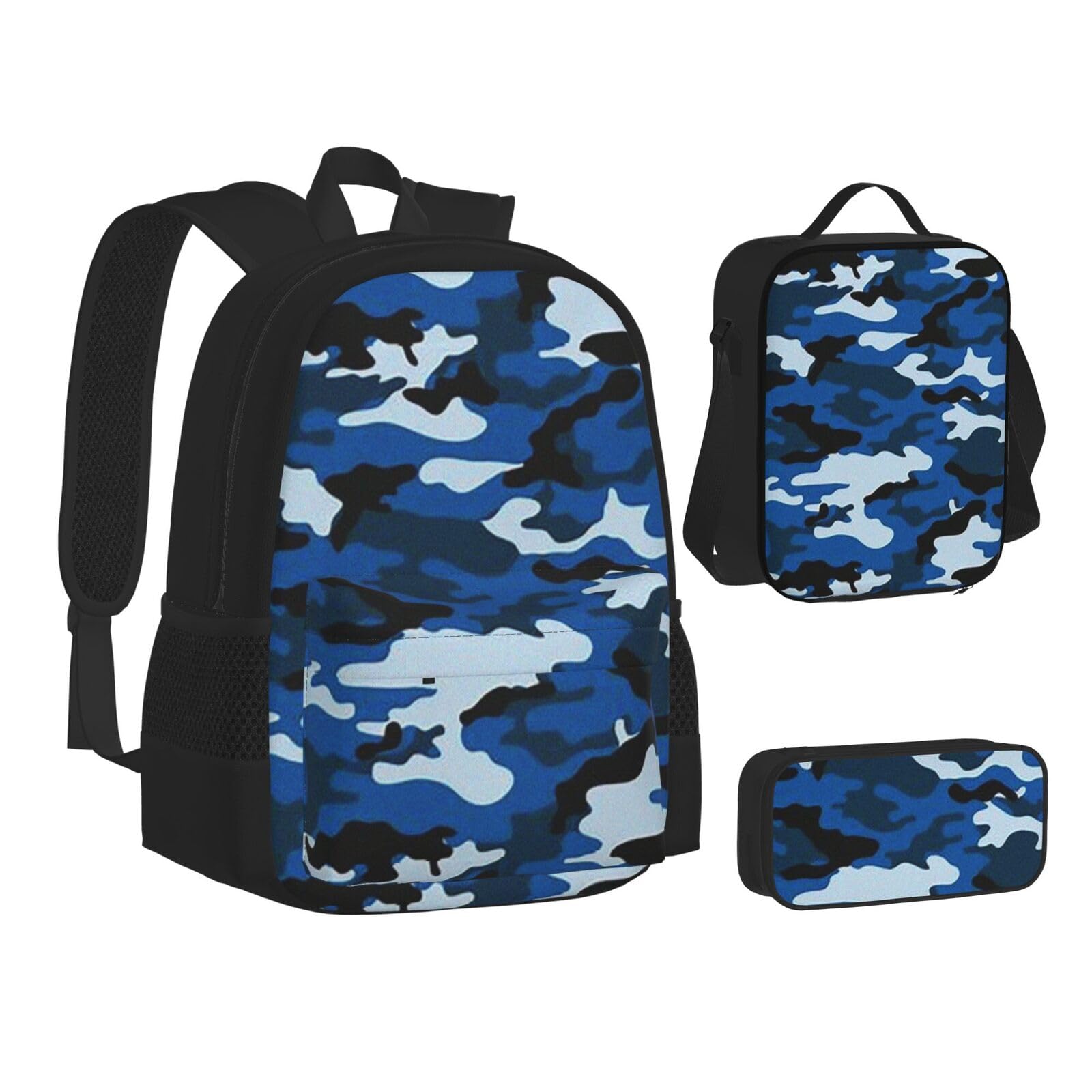 WURTON Rucksack, Lunchbox-Set, 3-in-1, Büchertasche und Federmäppchen, Blau mit Camouflage-Aufdruck, passende Kombination, Schwarz, Einheitsgröße