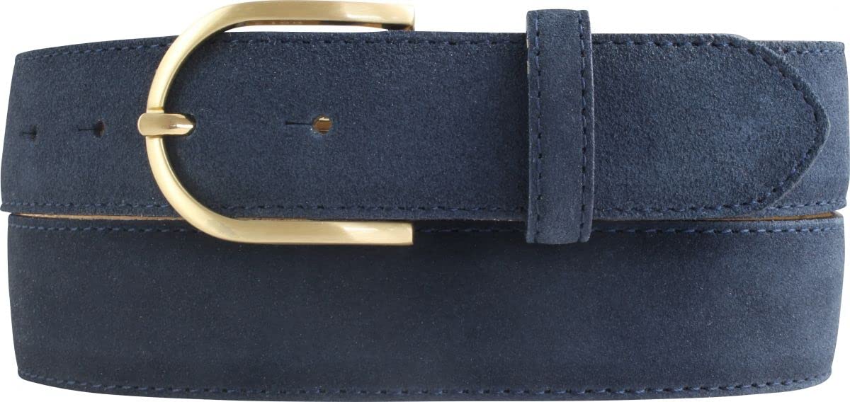 BELTINGER Damen-Gürtel aus Veloursleder 3,5 cm | Velour-Ledergürtel für Damen 35mm | Wildleder-Gürtel mit runder, goldener Gürtelschließe | Marine 95cm