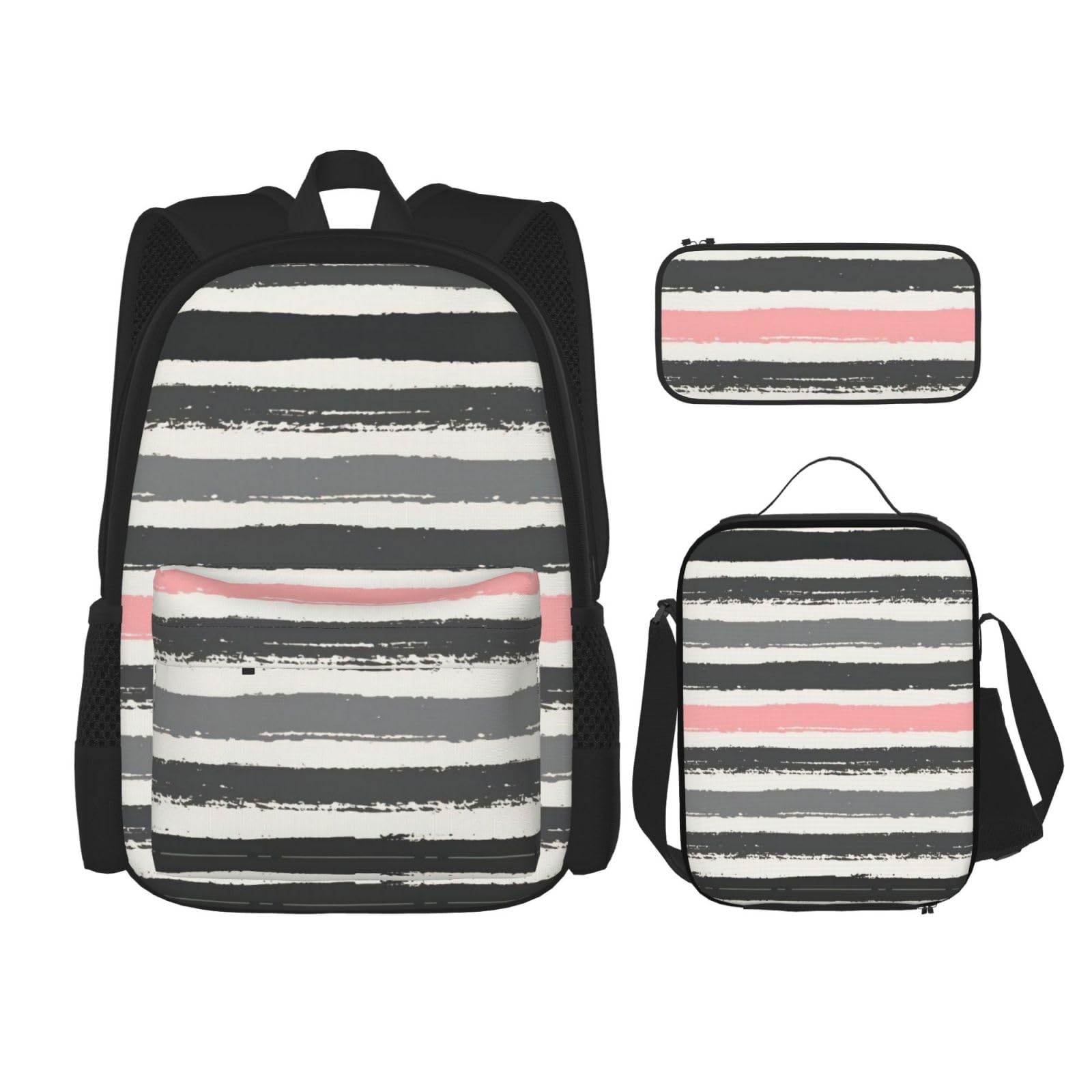 WURTON Rosa hell- und dunkelgraue Streifen Druck Rucksack Mädchen Jungen Schultaschen Teenager Lunchbox und Federmäppchen 3 in 1 Büchertaschen Set