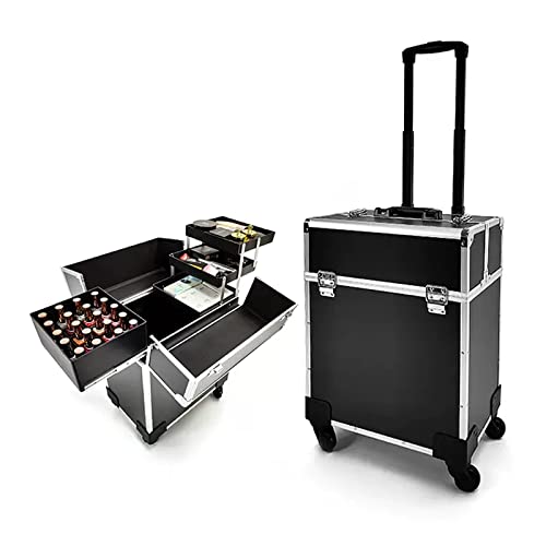 Professioneller Make-up-Künstler-Rollkoffer, Aluminium-Make-up-Koffer, Beauty-Make-up-Zugkoffer, Reisetrolley, Kosmetiktasche, rollender Organizer (Noir)