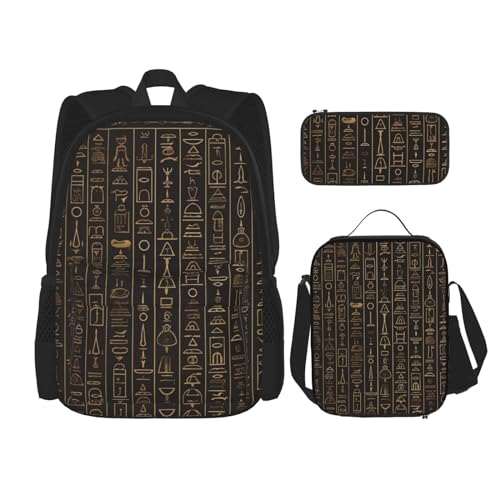 DENMER Mehrzweck-Schulranzen mit passendem Federmäppchen und Lunchtasche, Set - Ihre stilvolle All-in-One-Lösung, Antike ägyptische Hieroglyphene, Einheitsgröße