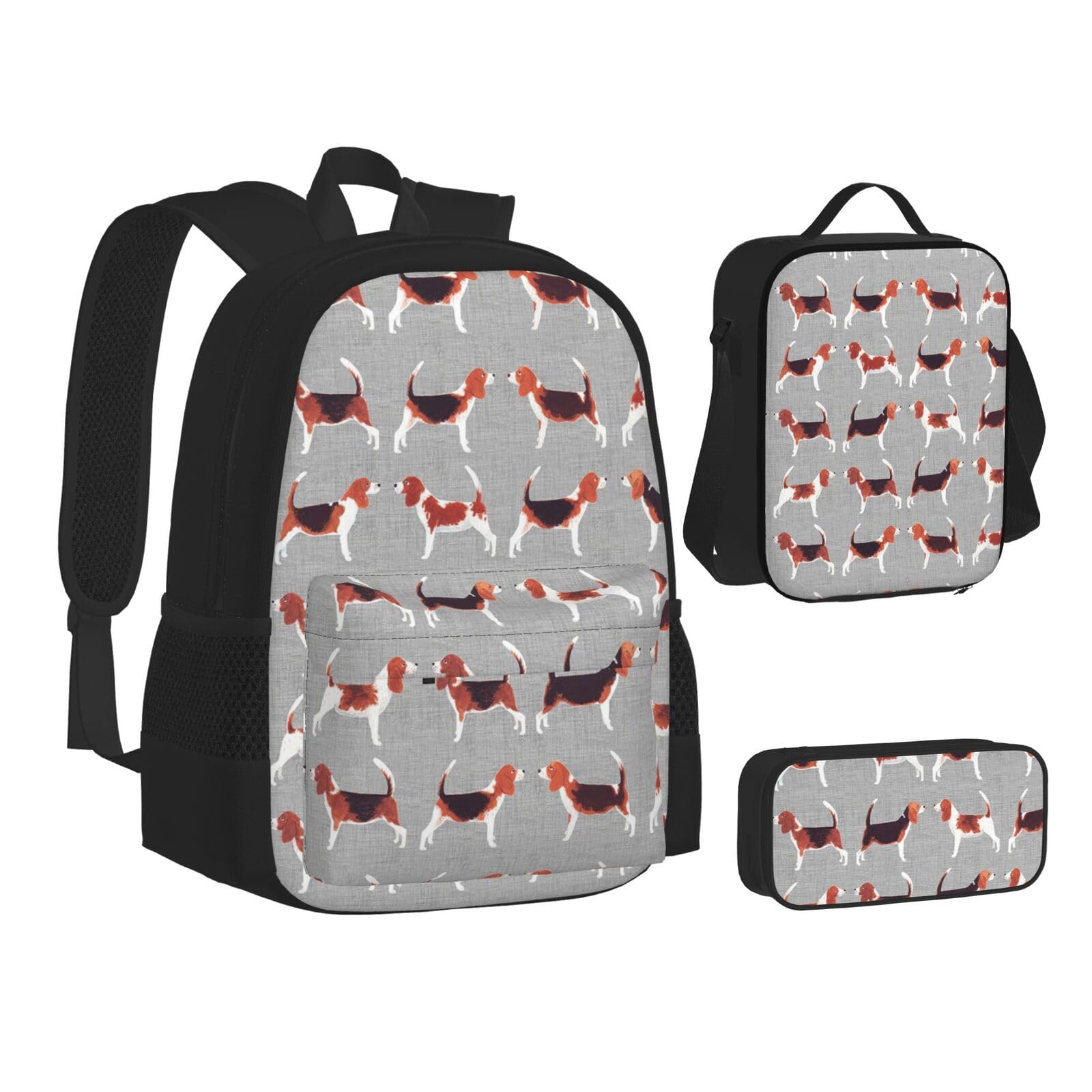 WURTON Rucksack und Lunchbox-Set mit Beagle-Muster, 3-in-1-Rucksack und Federmäppchen, passende Kombination, Schwarz, Einheitsgröße