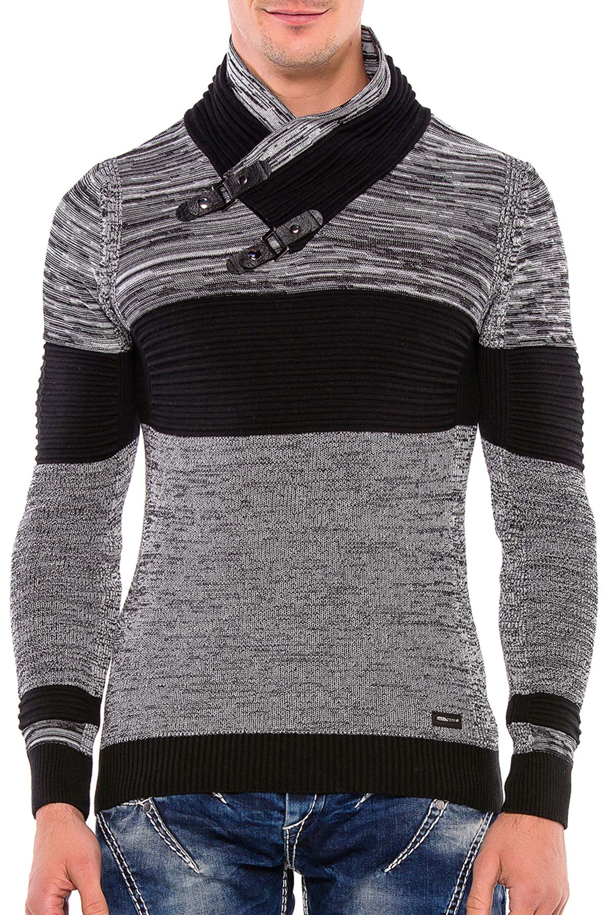 Cipo & Baxx Herren Feinstrickpullover Schalkragenpullover Design Rippenstrickpullover Sweater Langarm Style Pulli Schwarz S