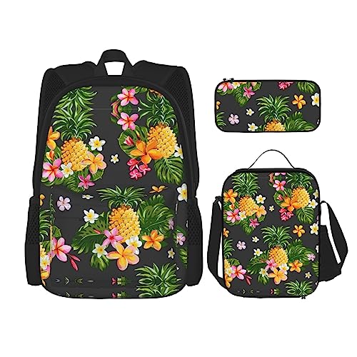 WURTON Tropische Ananas Hawaii-Druck Reise Lunchbox Federmäppchen Rucksack Set 3 Stück Verstellbare Träger Leicht, Schwarz, Einheitsgröße