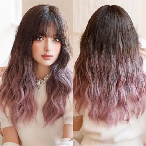 Perücken Langer Körper, gewelltes silbernes Eschenhaar, Perücke mit Pony, for Damen, tägliche Party, hochdichtes Haar, Ombré-Perücken, hitzebeständige Faser Damenperücke(MW0356-1)