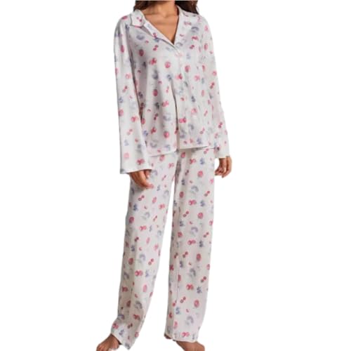 WINDEHAO Frucht-Pyjama, Loungewear-Sets für Damen, Y2k, Nachtwäsche, Knopfleiste, Pyjama-Sets für Damen, Weiß, Größe S