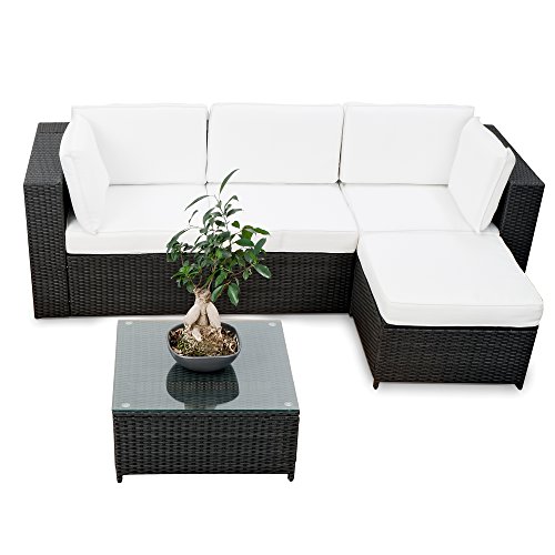 XINRO® erweiterbares 15tlg. Balkon Polyrattan Lounge Ecke - schwarz - Sitzgruppe Garnitur Gartenmöbel Lounge Möbel Set aus Polyrattan - inkl. Lounge Sessel + Ecke + Hocker + Tisch + Kissen