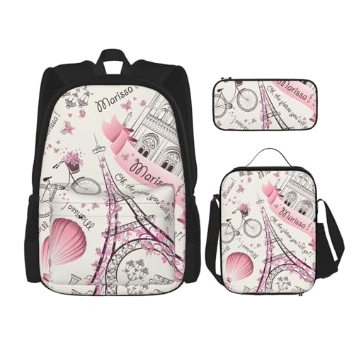 WURTON Romantische Paris Schmetterling Druck Reise Lunchbox Federmäppchen Rucksack Set 3 Stück Verstellbare Träger Leicht, Schwarz, Einheitsgröße